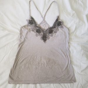 DAYTRIP Gray Tank With Olive Lace Detailing